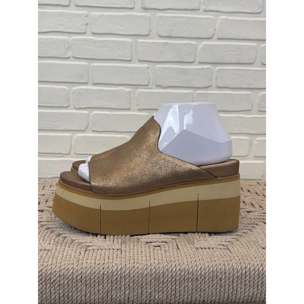 Naked Feet Flow Bronze Leather Platform Slide Sandals Size 7.5, Brown